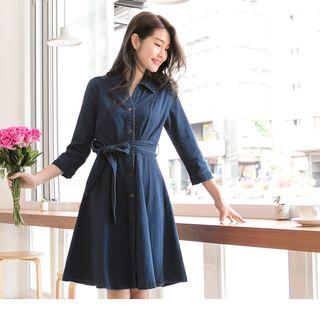 3/4 Sleeve Denim A-line Shirtdress