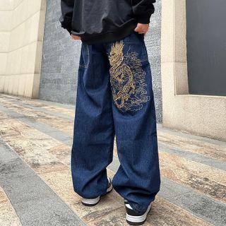 Dragon Embroidery Wide Leg Jeans