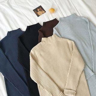 Plain Mock-neck Striped Long-sleeve Knit Dress