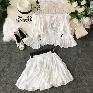 Set: Long-sleeve Lace Trim Ruffled Top + A-line Mini Skirt