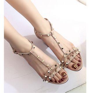 Studded T-strap Block-heel Sandals