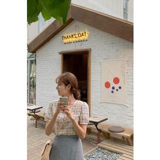 Square-neck Plaid Blouse Sky Blue - One Size