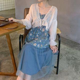 Spaghetti Strap Midi Floral Mesh Dress / Chiffon Light Jacket