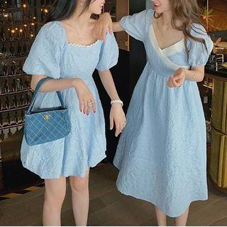 Crinkled Puff-sleeve A-line Dress