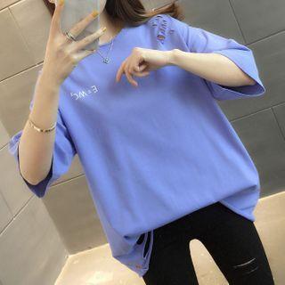 Elbow-sleeve Cutout Lettering Print T-shirt