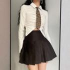 Long Sleeve Crinkled Shirt/ Pleated Mini Skirt