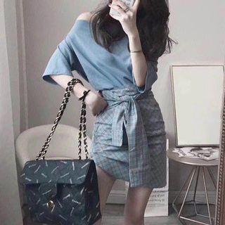 Set: Elbow-sleeve T-shirt + Plaid Tie-waist Pencil Skirt