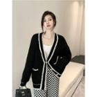 Contrast Trim Cardigan / Check Wide Leg Pants