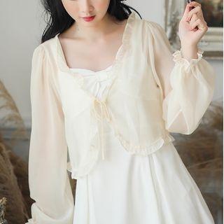Spaghetti Strap Bow A-line Dress / Ruffled Jacket