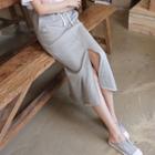 Drawstring-waist Slit-front Long Skirt Gray - One Size
