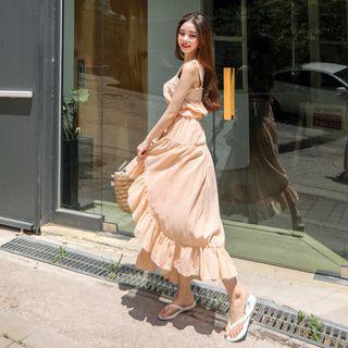 Band-waist Checked Asymmetric-hem Skirt