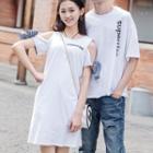 Couple Matching Set: Short-sleeve Lettering Print T-shirt + Cold Shoulder A-line Mini Dress