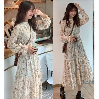 Bell-sleeve Midi Floral A-line Dress