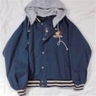 Bear Embroidered Hood Baseball Jacket Navy Blue - One Size