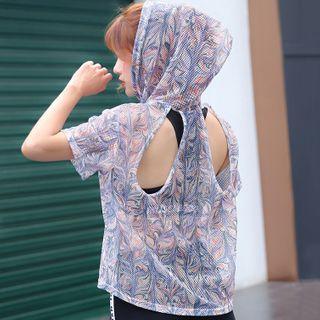 Floral Print Open-back Elbow-sleeve Sports Hoodie