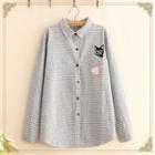 Cat Embroidered Plaid Long-sleeve Shirt