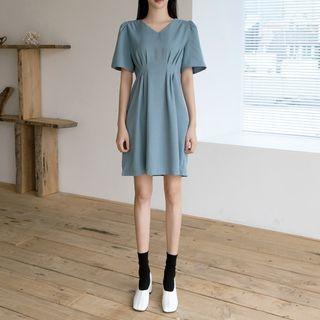 Bell-sleeve Pintuck-waist Dress