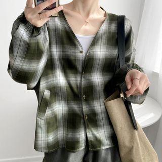 Plaid V-neck Button Jacket