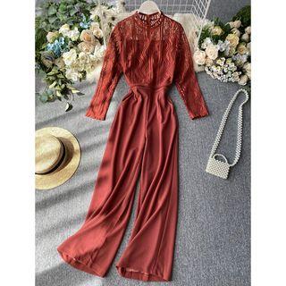 Long-sleeve Lace Panel Wide Leg Jumpsuit