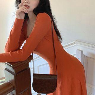 Plain Square-neck Skinny Midi Dress