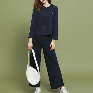 Set: Letter Embroidered Hoodie + Wide-leg Pants