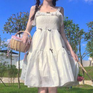 Spaghetti Strap Smocked Midi A-line Dress White - One Size