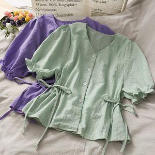 Gingham Tie-waist V-neck Shirt