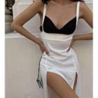 Sleeveless V-neck Two-tone Side-slit Midi A-line Dress