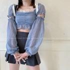 Ruffle Trim Square-neck Shirred Cropped Blouse / Mini A-line Pleated Skirt