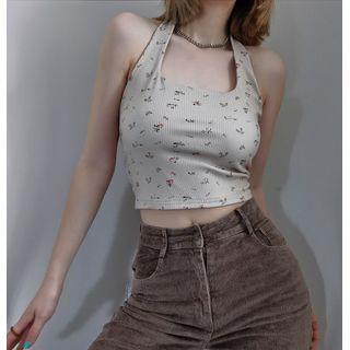 Square-neck Floral Cropped Tank Top