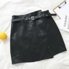 Plain Asymmetric High-waist Leather A-line Skirt