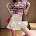 Striped Short-sleeve Knit Top / High-waist Mini A-line Skirt