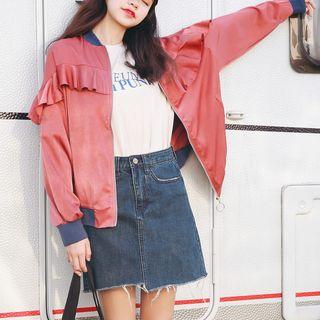 Contrast Trim Ruffled Baseball Jacket