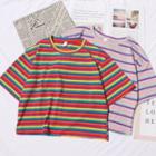 Elbow-sleeve Rainbow-stripe T-shirt