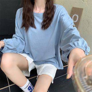 Plain Round-neck Puff-sleeve T-shirt