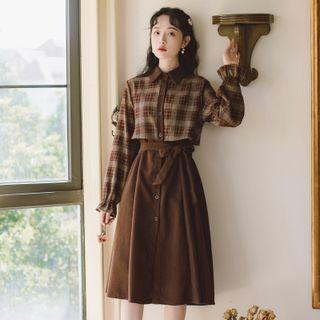 Mock Two-piece Plaid Tie-waist Midi A-line Shirtdress