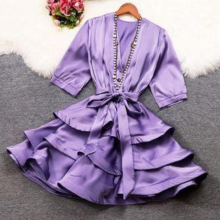 Short-sleeve Tie-waist Tiered Mini A-line Dress