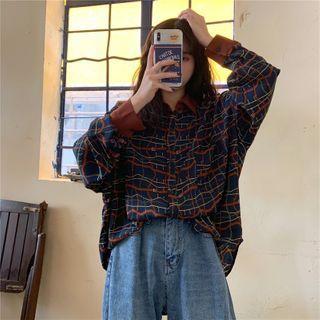 Contrast Cuff Printed Button-down Shirt As Shown In Figure - One Size