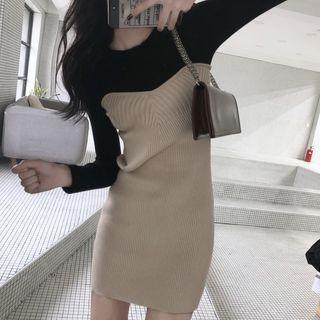 Long-sleeve Two-tone Knit Mini Sheath Dress