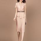 Set: Short-sleeve Chiffon Jacket + Sleeveless Midi Chiffon Dress