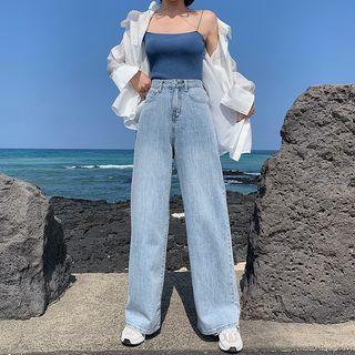 Washed High-waist Wide-leg Jeans / Cropped Camisole / Light Cardigan