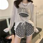 Long-sleeve Lettering T-shirt / Checkered Shorts