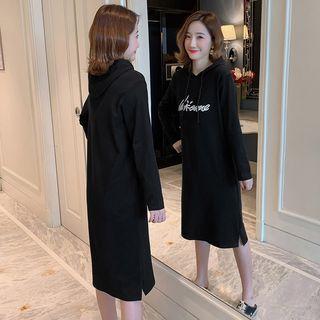 Lettering Hooded Long-sleeve Midi T-shirt Dress