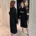 Lettering Hooded Long-sleeve Midi T-shirt Dress