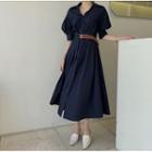 Puff Sleeve Belt Waist A-line Shirtdress