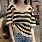Short-sleeve Lace Trim Striped T-shirt Stripes - Black & Off-white - One Size