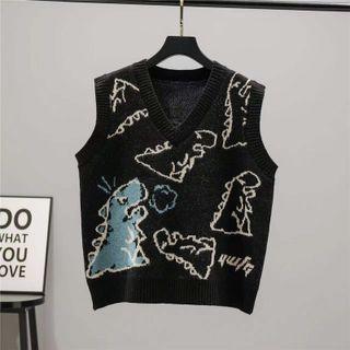 Cartoon Print Sweater Vest Black - One Size