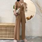 Short-sleeve V-neck Tie-waist Wide-leg Jumpsuit