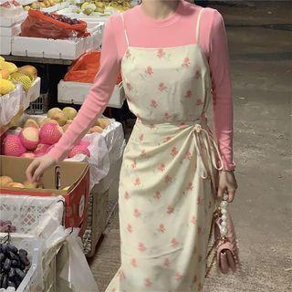 Plain Long-sleeve Top / Tie-waist Floral Print Slipdress