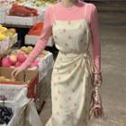 Plain Long-sleeve Top / Tie-waist Floral Print Slipdress